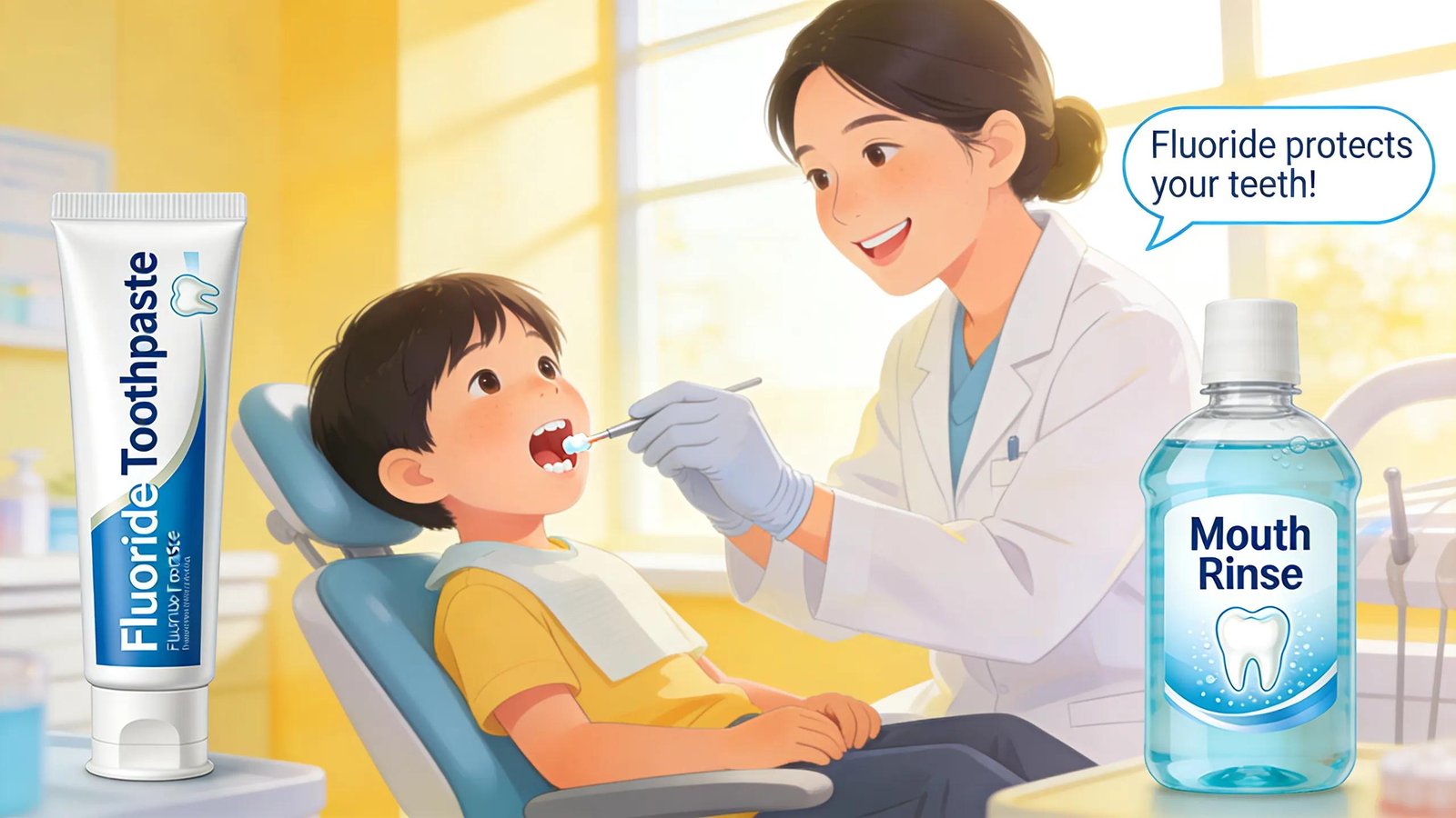 Fluoride toothpaste and mouth rinse protecting teeth, dental professional examining child.