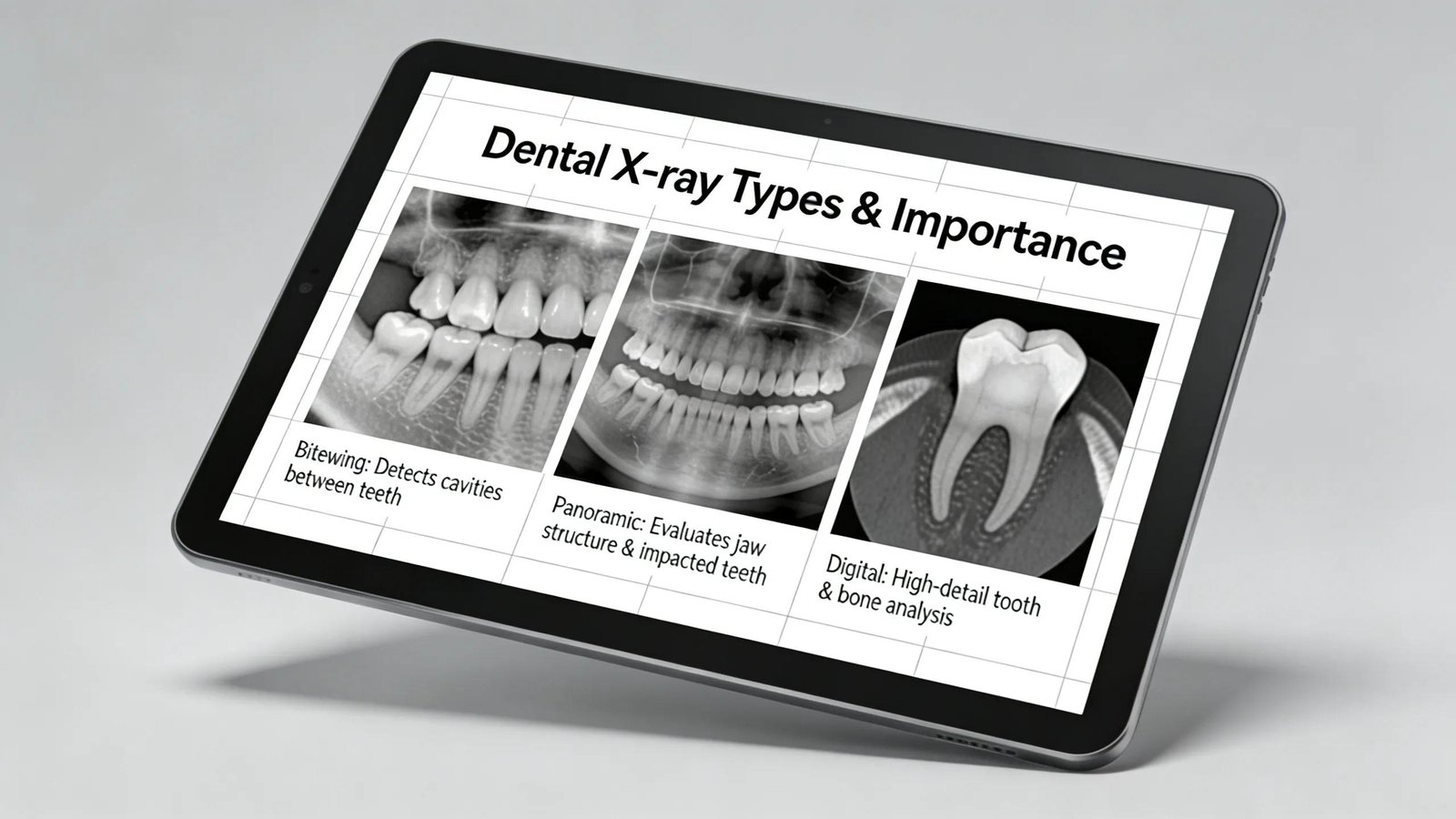Digital dental X-ray types and importance displayed on tablet screen showing bitewing, panoramic, and digital X-ray examples.