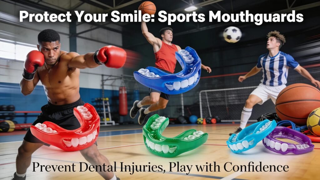 Sports mouthguard protecting teeth during athletic activity, preventing dental injuries.