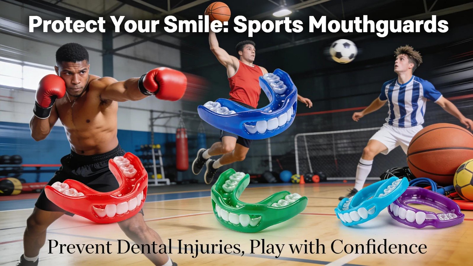 Athlete wearing sports mouthguard protecting teeth during basketball game