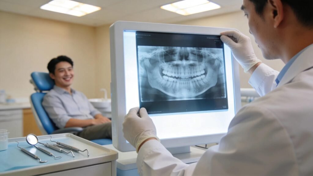 Dental X-ray on monitor and patient, illustrating dental diagnostics and treatment planning.