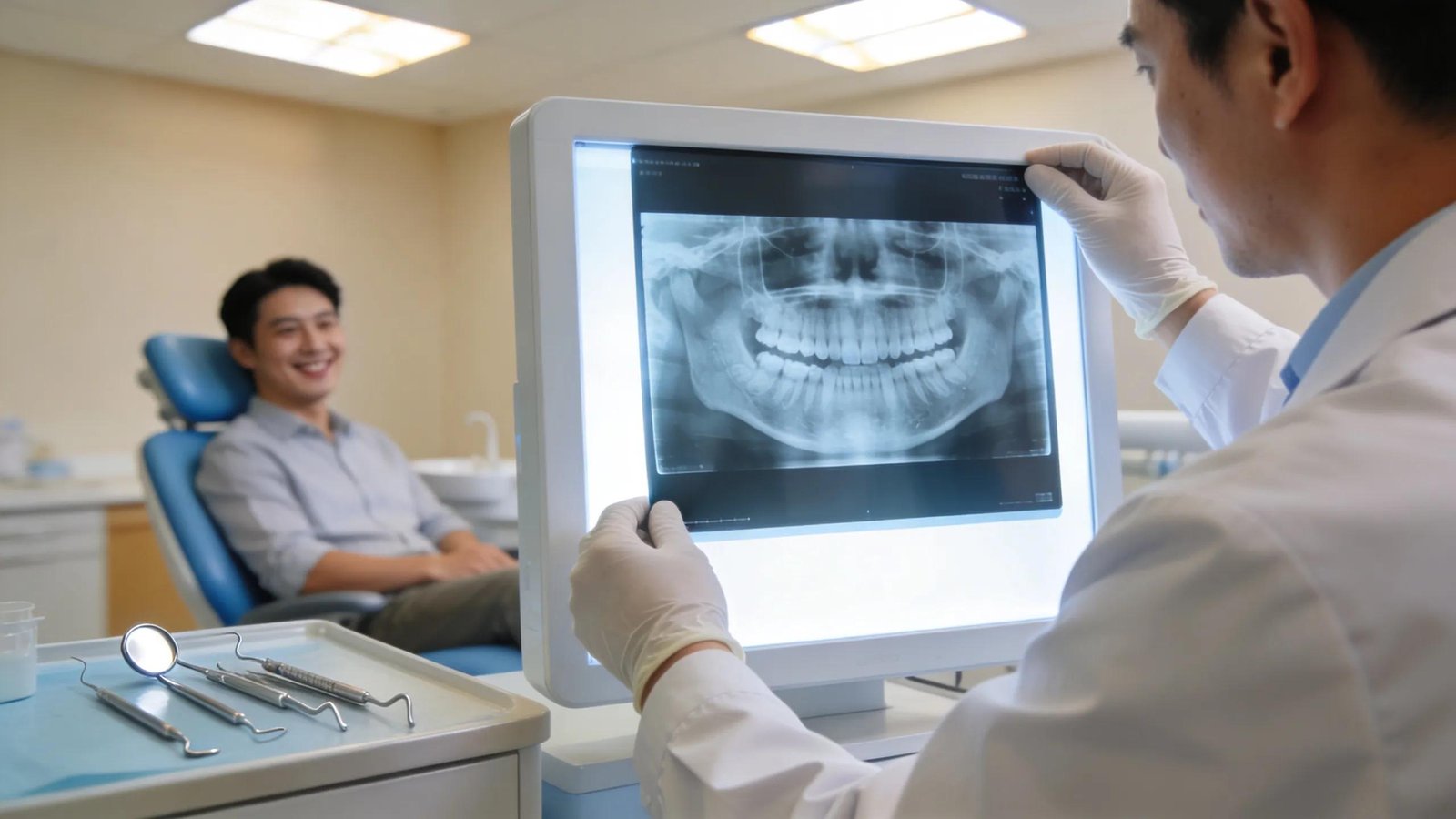 Dentist examining dental X-ray of patient's teeth and jaw, diagnostic tool for oral health.