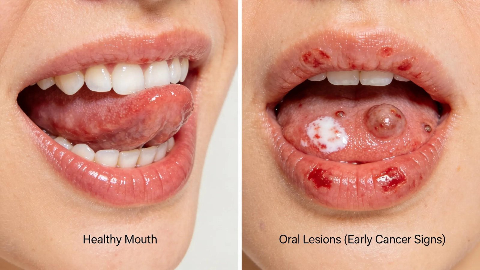 Comparison of healthy mouth and oral lesions, early cancer signs.
