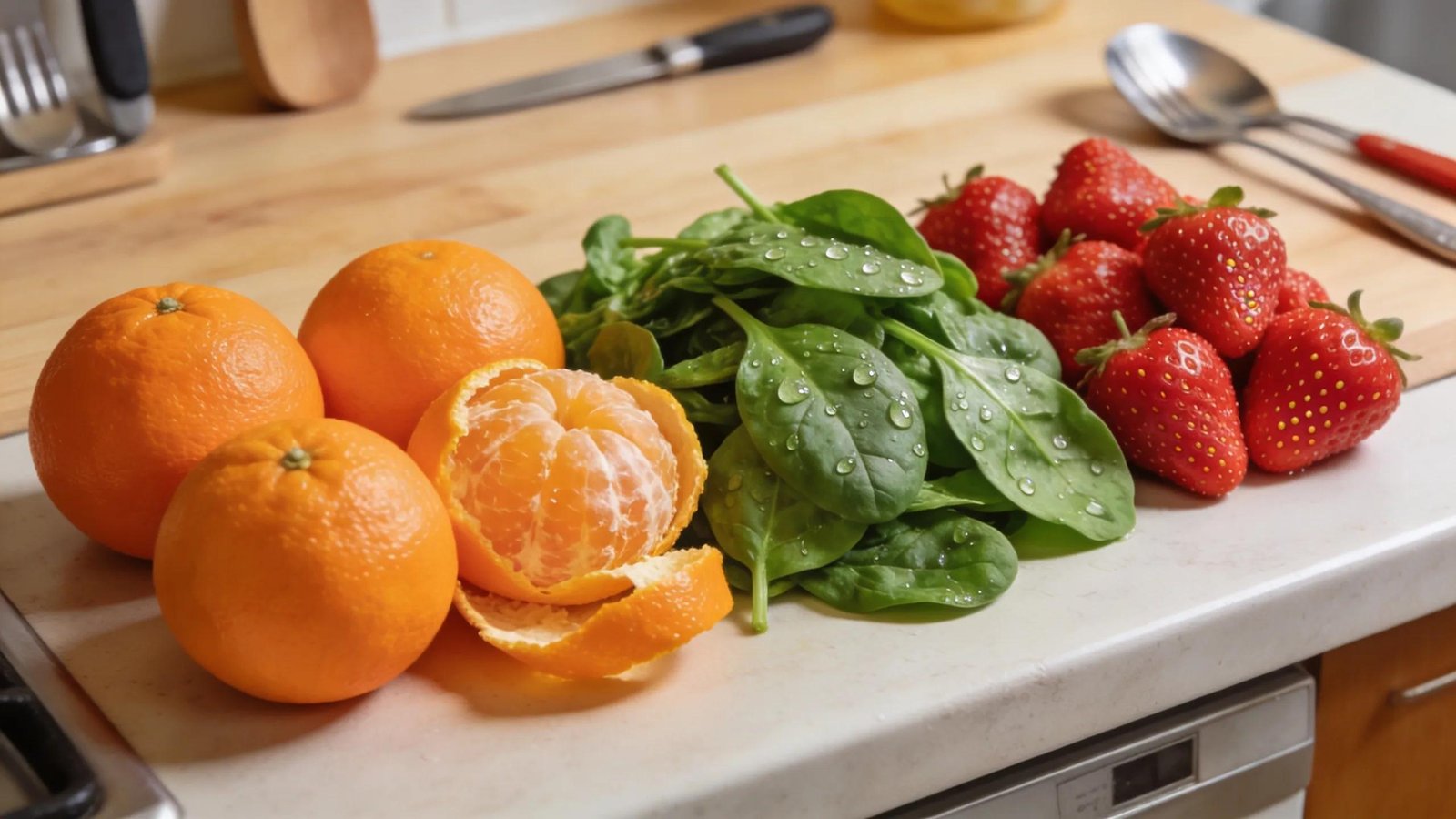 Fresh fruits and vegetables arranged on a kitchen counter, promoting healthy dietary choices for gum health