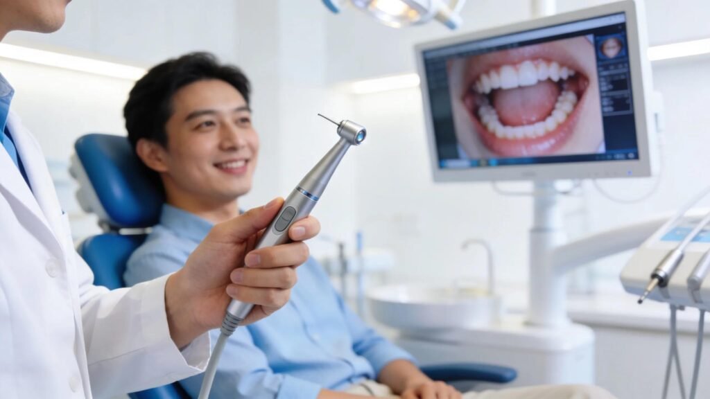 Dental professional using an intraoral camera for patient examination in a modern dental office