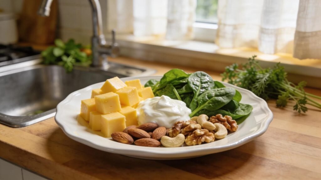 Colorful plate of tooth-friendly foods, including dairy, leafy greens, and nuts for strong teeth
