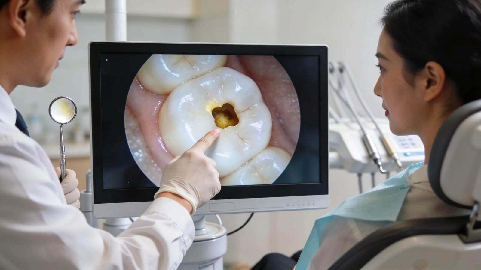 Screen showing detailed image of a tooth with early-stage cavity from an intraoral camera during patient consultation
