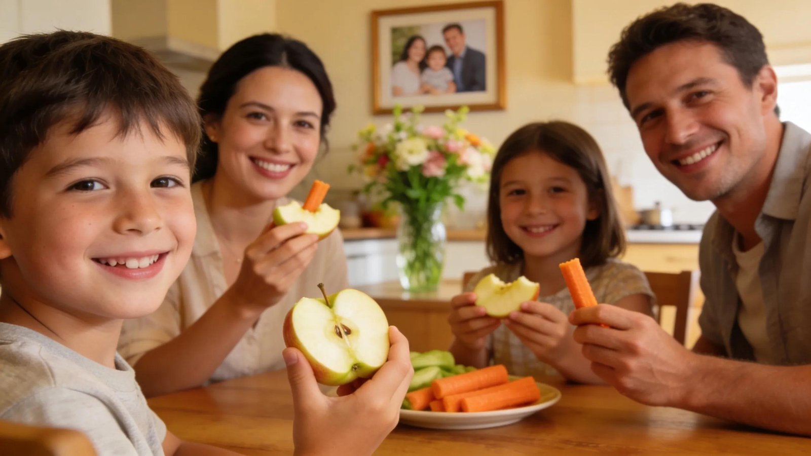 Family enjoying tooth-friendly foods like apples and carrots, suitable for all ages