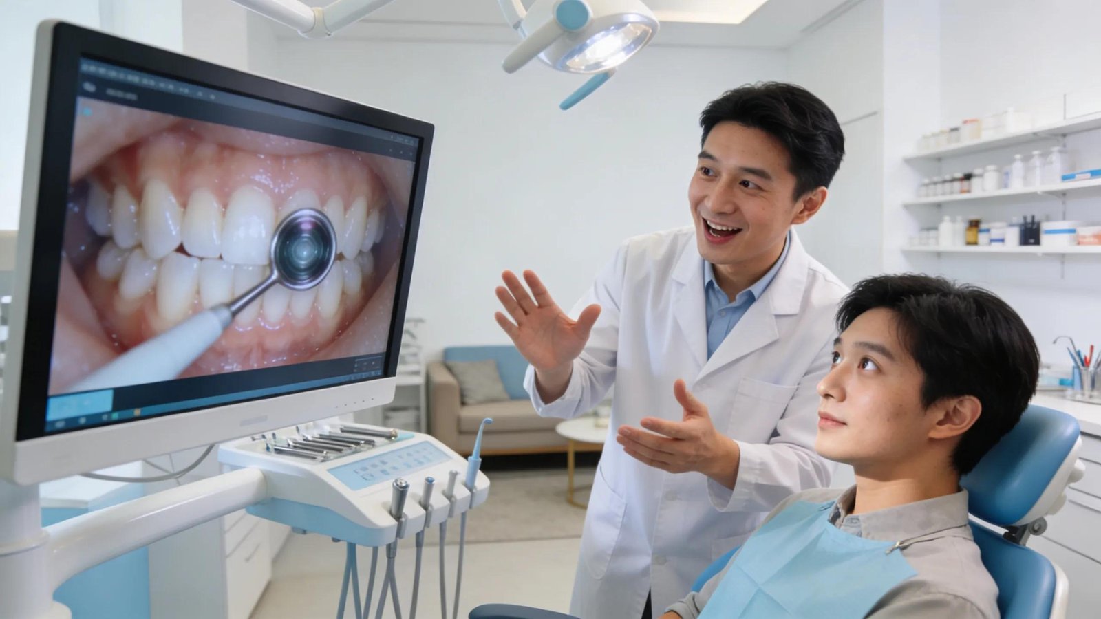 Dentist explaining dental health using intraoral camera visual aids with an engaged patient in a dental office