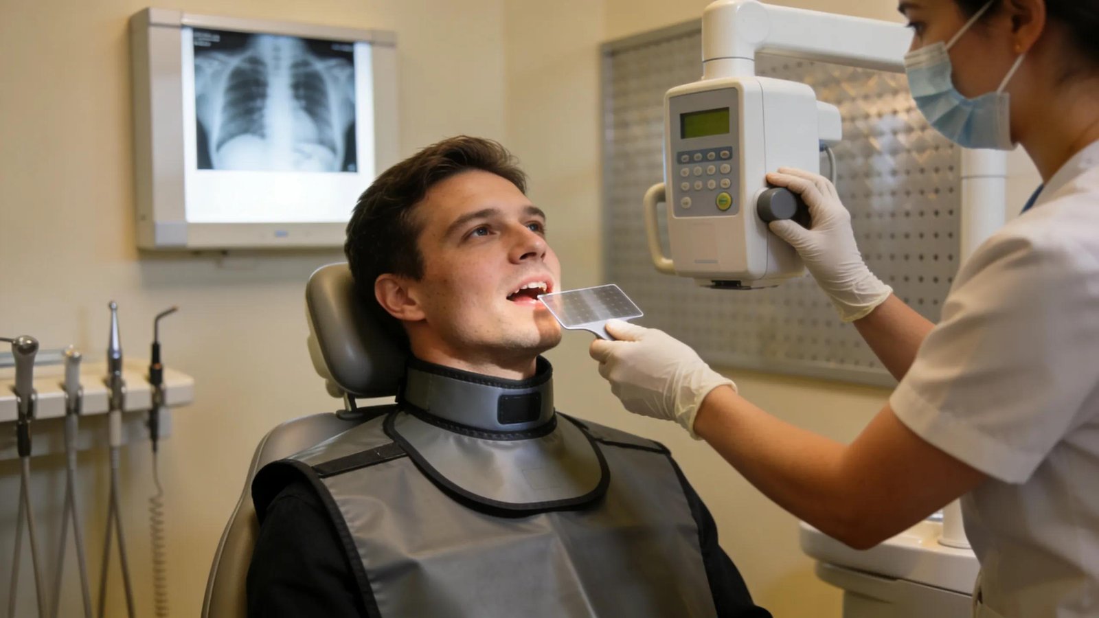 Dental X-ray procedure with patient and dental professional using digital radiography equipment.