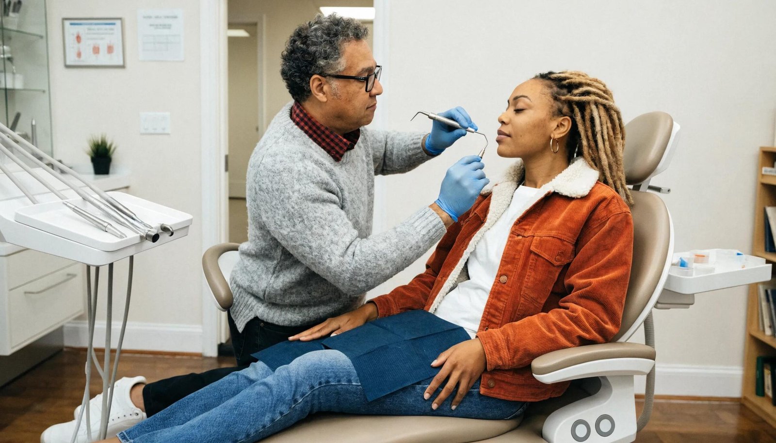 A dentist performing scaling technique on a patient in a clean dental clinic, highlighting gum disease treatment