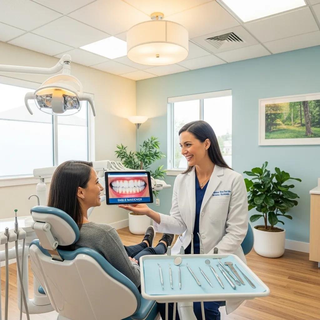 Dentist and patient discussing dental implant options and smile makeover in bright Rialto clinic.