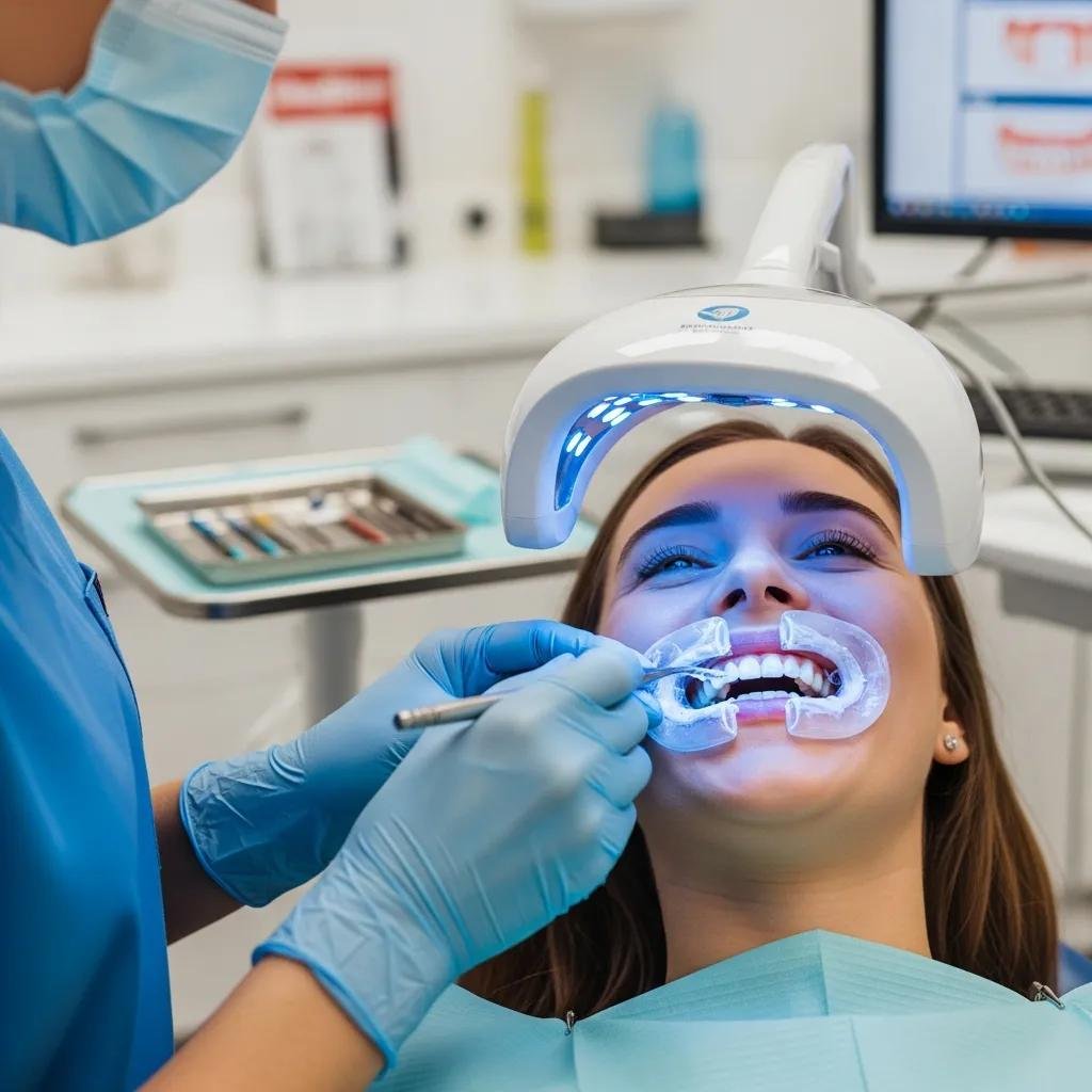 Dental professional performing teeth whitening on a patient in a modern dental office