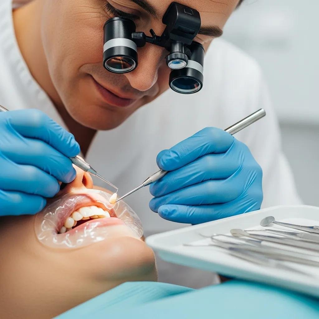 Dentist applying dental bonding resin to a patient's tooth, showcasing a cosmetic procedure