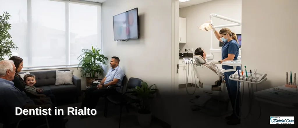 Dental Care of Rialto: Family dentistry practice with patients and dental equipment.