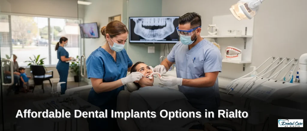 Dental Care of Rialto dental team examining patient, affordable dental implants options in Rialto.